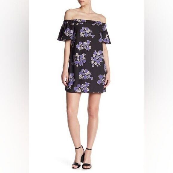 19 Cooper Dresses & Skirts - 19 Cooper Size Large Purple Black Floral Off the Shoulder Shift Mini Dress